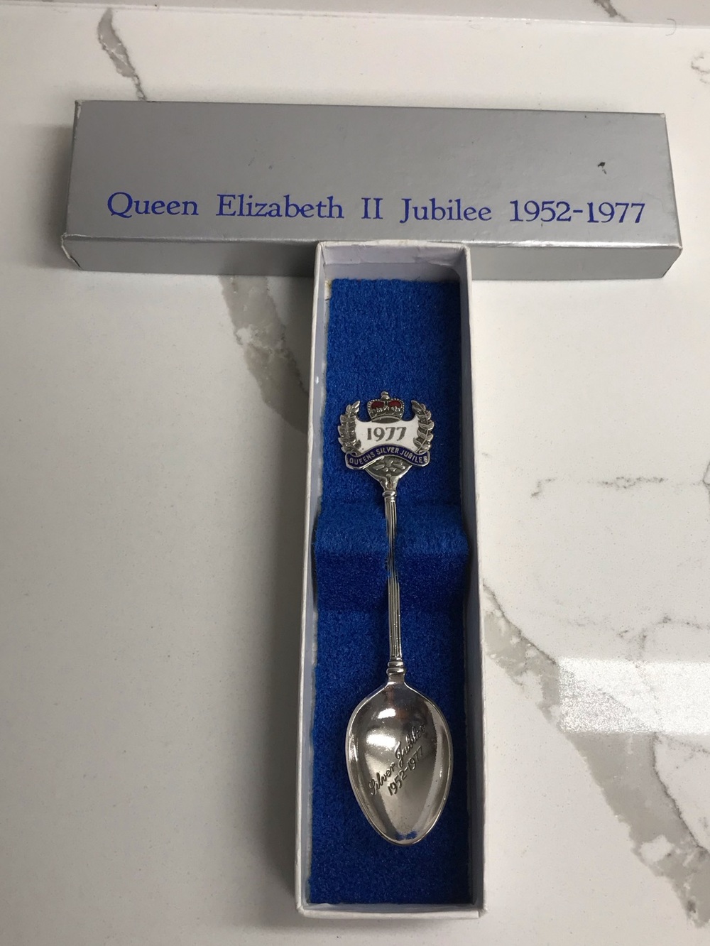 Queen Elizabeth II Jubilee 1952-1977 Commemorative Silver Spoon - Blue Accents